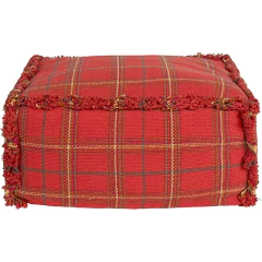 Puff Tear vermelho bordô 40x40x20cm da Lorena Canals com estampa xadrez e acabamento em franjas, ideal para decoração de ambientes.