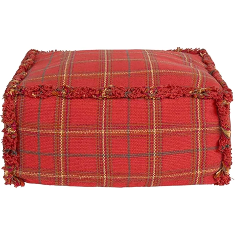 Puff Tear vermelho bordô 40x40x20cm da Lorena Canals com estampa xadrez e acabamento em franjas, ideal para decoração de ambientes.
