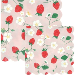 Guardanapos de papel decorativos com estampa de morangos e flores brancas da marca Meri Meri, ideais para festas temáticas.