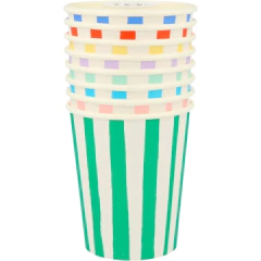 Conjunto de copos de papel com listras e detalhes coloridos da marca Meri Meri, ideal para festas temáticas.
