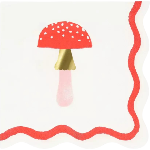 Guardanapo de papel decorativo Merry Mushroom da Meri Meri, com ilustração de cogumelo vermelho e detalhes dourados, ideal para festas temáticas.