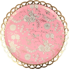 Prato de papel decorativo Meri Meri com estampa floral branca sobre fundo rosa e borda rendada dourada, ideal para festas elegantes.