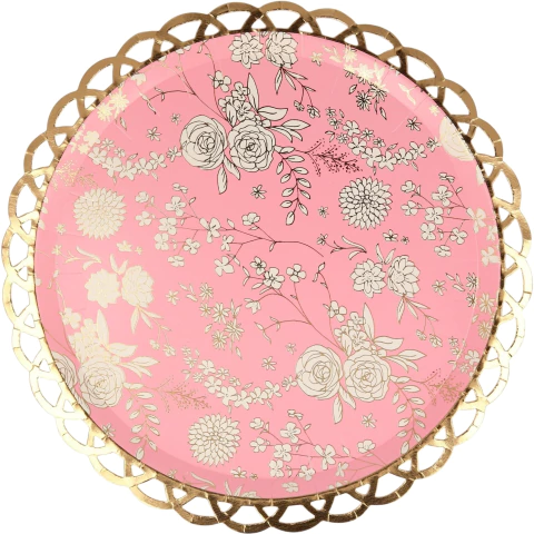 Prato de papel decorativo Meri Meri com estampa floral branca sobre fundo rosa e borda rendada dourada, ideal para festas elegantes.