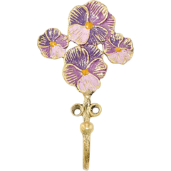 Gancho de parede decorativo Valery Violet da marca Doing Goods, com formato de flores roxas e detalhes dourados.