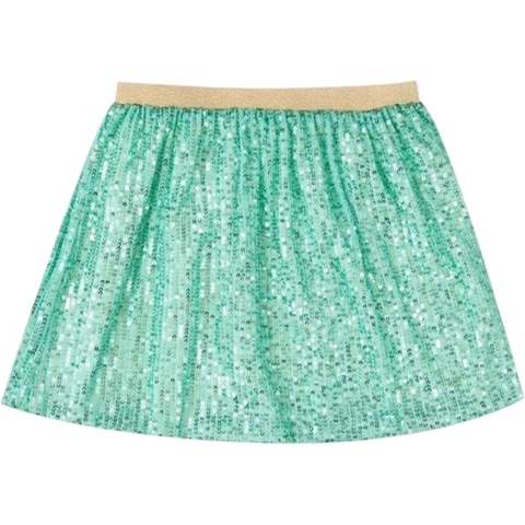 Saia de paetê verde bebê Minibossa, com elástico dourado na cintura, ideal para fantasias e moda infantil de Carnaval.
