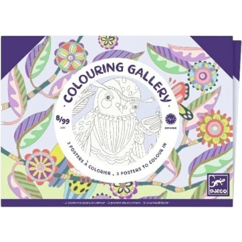 Kit Galeria de Colorir Pássaros da Djeco, com três pôsteres para colorir, estampando ilustrações de aves e flores coloridas.