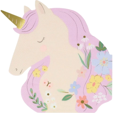 Guardanapo de papel em formato de unicórnio com detalhes florais coloridos, ideal para festas infantis temáticas.