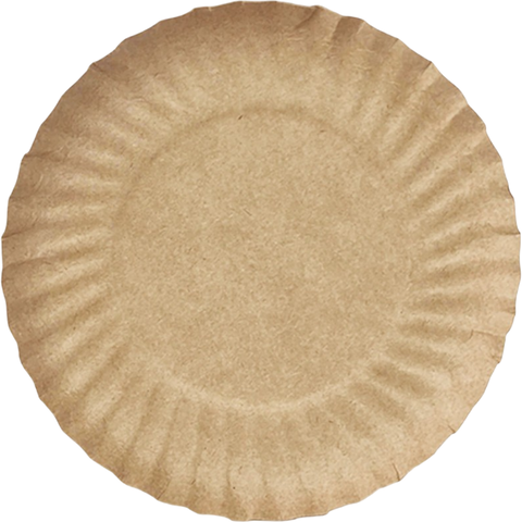 Prato de papel kraft clássico da marca Parangolé, ideal para festas e eventos, apresentado em formato redondo com bordas reforçadas.