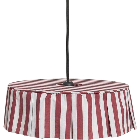 Lustre VIBES Listras Castanha 40 x 12cm da Nobodinoz com tecido listrado em tons castanhos e bege, iluminado e pendente.