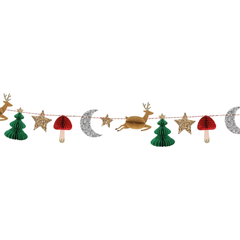 Guirlanda decorativa de Natal Meri Meri com renas, cogumelos, árvores de Natal, estrelas douradas e luas prateadas, ideal para festas de fim de ano.