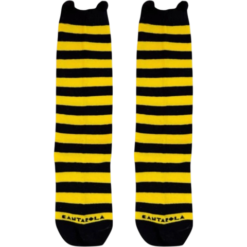 Par de meias infantis listradas em amarelo e preto, modelo Abelhinha da marca Cantarola, ideal para fantasias de carnaval e uso diário.