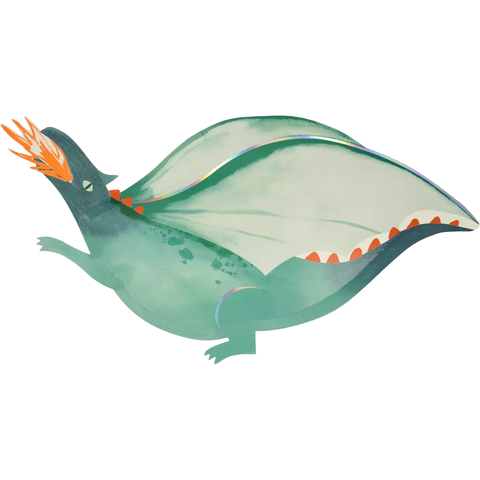 Prato grande de papel no formato de dragão verde, ideal para festas temáticas medievais, cavaleiro ou princesas da marca Meri Meri.