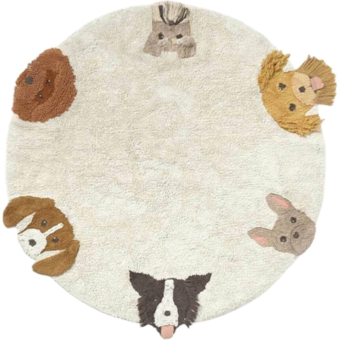 Tapete redondo infantil lavável Lorena Canals Dogs 140cm com desenhos de cachorros nas bordas, ideal para decoração de quarto.