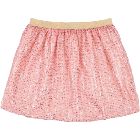 Saia de paetê rosê da marca Minibossa, com elástico dourado na cintura, ideal para festas e fantasias infantis.