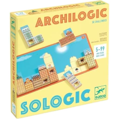 Jogo de lógica Sologic Archilogic da Djeco, embalagem do brinquedo educativo com peças coloridas de prédios.
