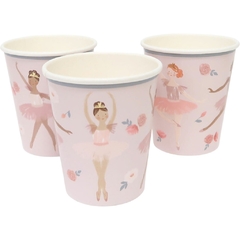 Copos de papel com ilustrações de bailarinas e flores, coleção Meri Meri, ideais para festas temáticas infantis.