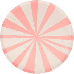 Prato de papel grande Meri Meri com listras vermelhas e brancas em formato circular, ideal para festas temáticas.