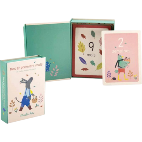 Cartões Meus Primeiros 12 Meses Pomme des Bois da Moulin Roty, com caixa aberta mostrando cartões ilustrados para registrar fases do bebê.