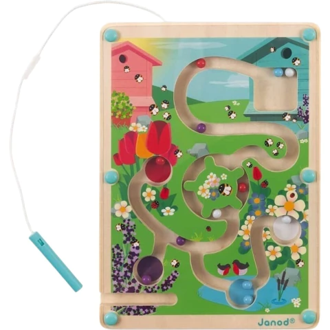Labirinto Magnético Abelha da Janod, brinquedo educativo colorido com tema de jardim, abelhas e flores, indicado para bebês e crianças pequenas.