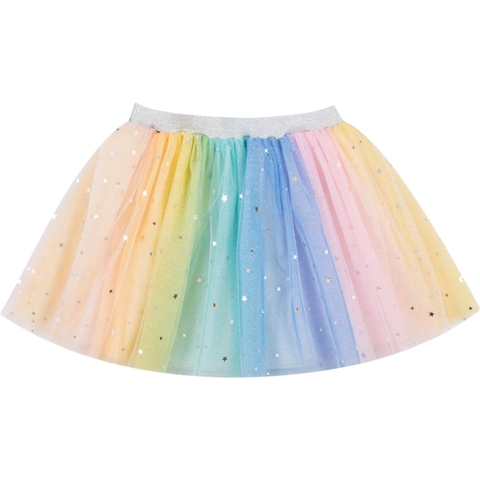 Saia infantil de tule colorido com estampa de estrelas, modelo Céu de Estrelas Arco-Íris da Minibossa.