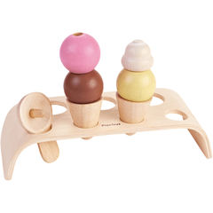 Kit sorvete de casquinha de madeira Plan Toys, com duas casquinhas coloridas e suporte, brinquedo educativo para crianças.