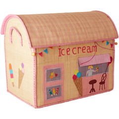 Caixa organizadora Riceteria Rice DK em formato de sorveteria, feita de material natural com detalhes coloridos e desenhos de sorvetes na lateral.