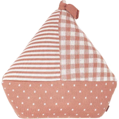 Almofada decorativa Rian Tricot Veleiro Xadrez em tricô, formato de veleiro, nas cores bege e branco, com estampas listradas, xadrez e poá.