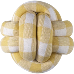 Almofada decorativa Knot Vichy Rian Tricot em tricô amarelo e branco, formato de nó, ideal para quartos de bebê e decoração moderna.