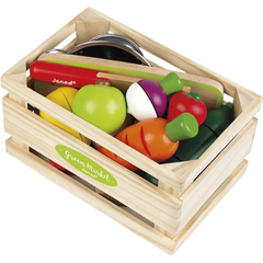 Kit Hortifruti e Acessórios de Cozinha Janod com frutas, legumes e utensílios de brinquedo em caixa de madeira.