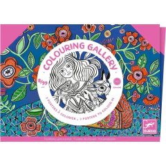 Galeria de Colorir Florescer da Djeco, embalagem colorida com ilustração de flores e menina para colorir, kit artístico para crianças.