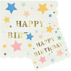 Guardanapos de papel decorativos com estrelas coloridas e inscrição "Happy Birthday" em dourado, da marca Meri Meri, para festas de aniversário.