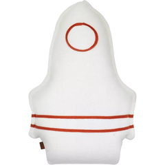 Almofada Tricô Apollo em formato de foguete, na cor branca com detalhes laranja, ideal para decoração de quartos infantis e enxoval de bebê.