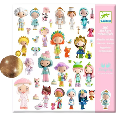 Adesivos metalizados Tinyly da Djeco, com ilustrações coloridas de personagens infantis e detalhes brilhantes, embalagem com 160 unidades.