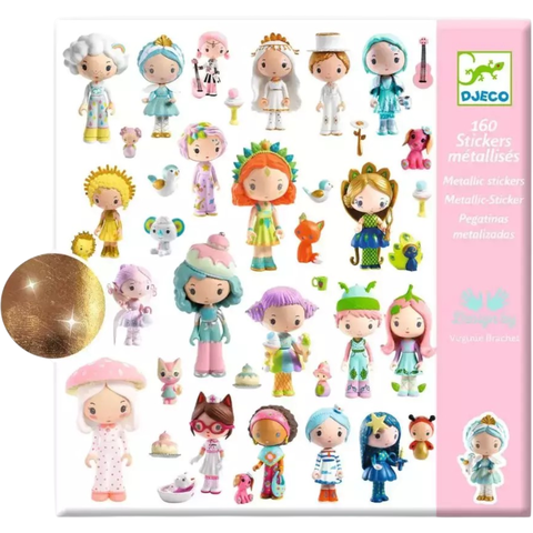 Adesivos metalizados Tinyly da Djeco, com ilustrações coloridas de personagens infantis e detalhes brilhantes, embalagem com 160 unidades.