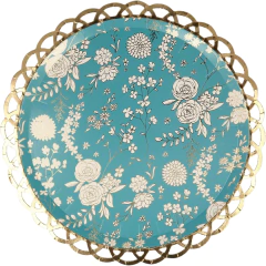 Prato de papel decorativo Meri Meri Renda Jardin, com fundo azul, estampa floral branca e borda dourada rendada, ideal para festas elegantes.