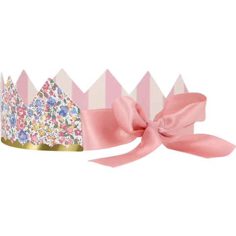 Coroa de festa infantil com padrão floral Liberty, detalhes dourados e laço de fita rosa, do Kit Coroas de Festa Liberty da Meri Meri