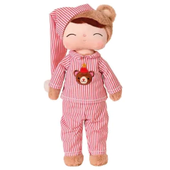Boneco de pelúcia Ursinho com Pijama de Natal Metoo, vestido com pijama listrado vermelho e branco e gorro combinando, ideal para presentear no Natal.