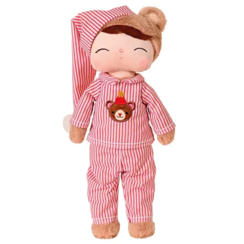Boneco de pelúcia Ursinho com Pijama de Natal Metoo, vestido com pijama listrado vermelho e branco e gorro combinando, ideal para presentear no Natal.