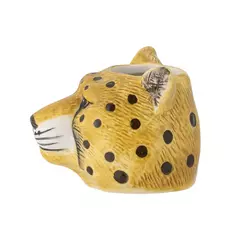 Vaso de grés em formato de cabeça de leopardo amarelo com manchas pretas, da coleção Bloomingville Mini.