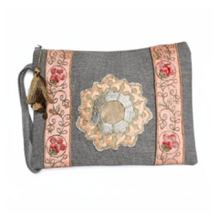Sobre mandala con guarda flores coral con lentejuelas gris