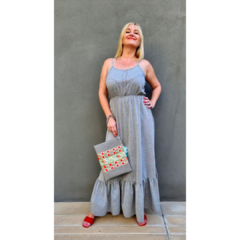 Vestido lino italiano gris botones flores en internet