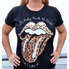 Remera estampada Rolling Stone lengua animal print negro