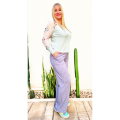 Pantalón lanilla wide leg lila melange - comprar online
