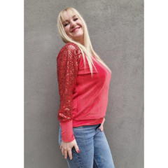 Buzo plush rojo mangas tul de lentejuelas - comprar online