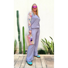 Pantalón lanilla wide leg lila melange - comprar online