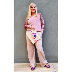 Buzo plush rosa mangas tul de lentejuelas - tienda online