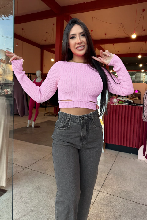 CROPPED TRICOT CANELADO ABERTURAS ROSA BEBÊ - comprar online