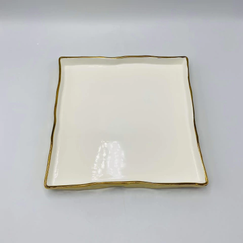 Bandeja Decorativa Porcelana Quadrada Branco com Borda Dourada 22x22cm - comprar online