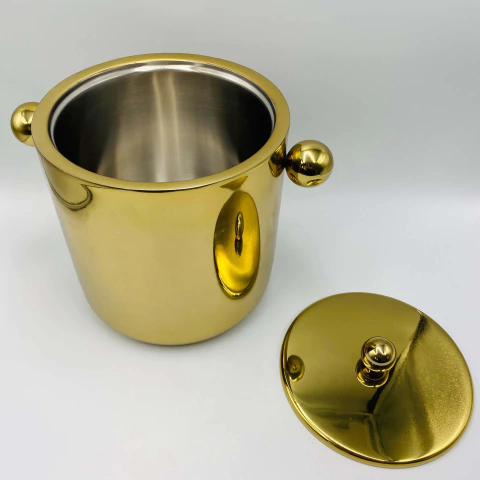 Balde de Gelo com Tampa em Aço Inox Dourado com bolas douradas - comprar online