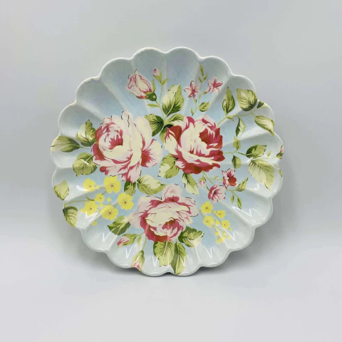 Prato Sobremesa Relevado Azul Com Rosas Vó Dulce